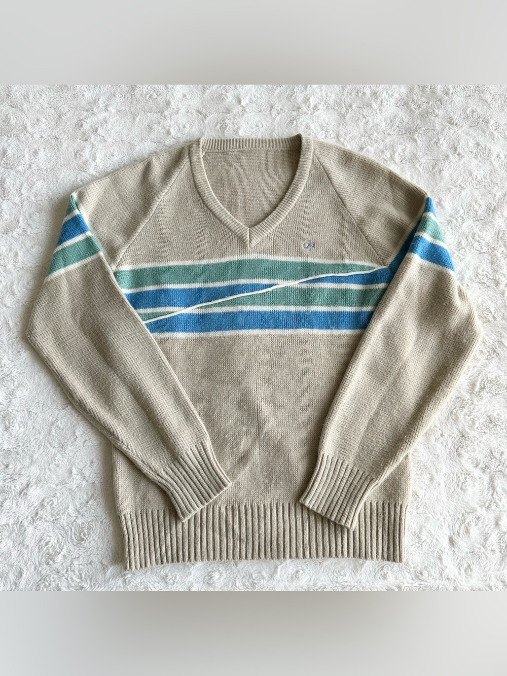 Vintage Ocean Pacific OP Sweater Mens Medium Beige Striped Surf Y2K 80s 90s READ